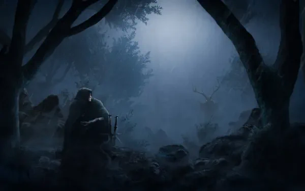 The Witcher 4K Ultra HD PC desktop wallpaper: a moonlit, mist-shrouded forest where a cloaked witcher sits by a sword beneath gnarled trees.