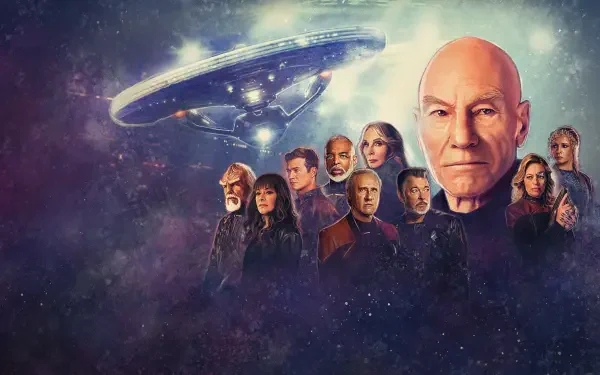 Star Trek: Picard 2K Quad HD PC desktop wallpaper — the Enterprise above a starry nebula, a prominent Picard portrait and the main crew lined up beneath.