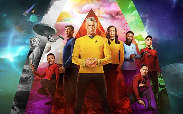Star Trek: Strange New Worlds 4K Ultra HD PC desktop wallpaper — Captain Pike and the Enterprise crew posed against a vivid triangular cosmic background
