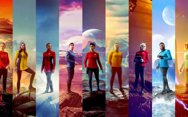Star Trek: Strange New Worlds 4K Ultra HD PC desktop wallpaper featuring Starfleet officers in colorful vertical panels set against alien planets, rugged landscapes, and dramatic skies.