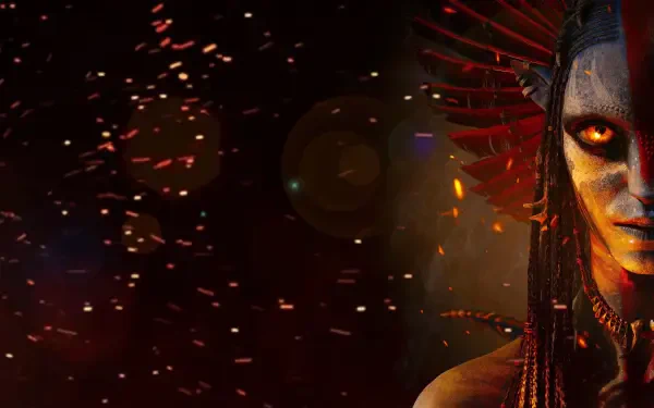 Fiery Avatar: Fire and Ash character close-up with glowing orange eyes and drifting embers on a dark 4K Ultra HD PC desktop wallpaper background.