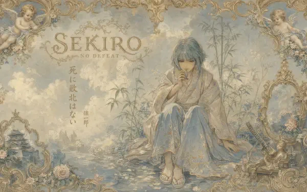Ornate pastel Sekiro: No Defeat artwork of a seated warrior in kimono among flowers — Sekiro: Shadows Die Twice video game 4K Ultra HD PC desktop wallpaper/background.