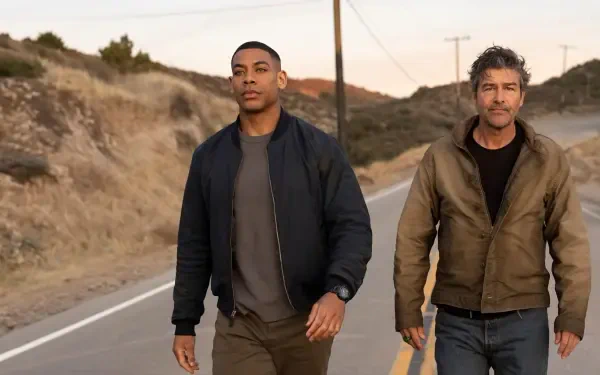 Two men walk along a desert highway at dusk in a cinematic shot from Lanterns (2026) TV show — HD PC desktop wallpaper/background.