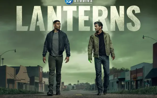 Lanterns (2026) TV show 2K Quad HD PC desktop wallpaper and background: two men in jackets stride down an empty small-town street beneath a moody green sky, large LANTERNS title overhead.