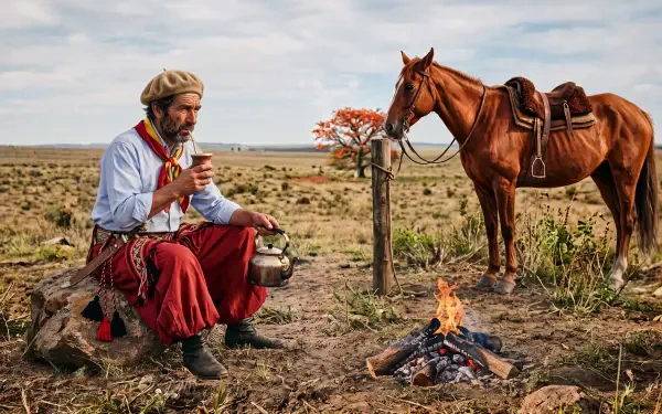 2K Quad HD PC desktop wallpaper: cowboy drinking mate by a campfire, caballo tethered nearby on drought-scarred plains.