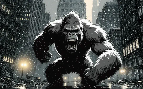 4K Ultra HD PC desktop wallpaper: King Kong gorilla monster roars amid a rain-slick city, looming over cars and skyscrapers as lights reflect on wet streets.