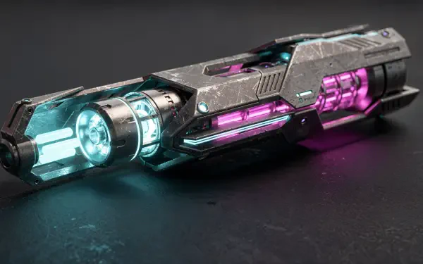 4K Ultra HD PC desktop wallpaper of a sleek futuristic blaster gun with glowing teal and magenta energy cores, metallic chassis and sci‑fi detailing.