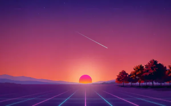 4K Ultra HD PC desktop wallpaper: stylized fall sunset landscape with a glowing sun setting over a grid road, leading toward silhouetted trees on the right.