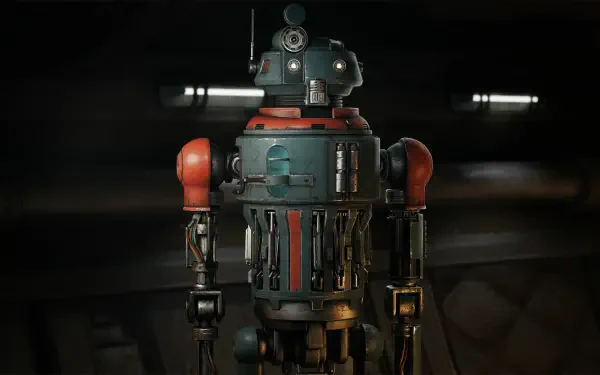 HD PC desktop wallpaper of M-3VO droid from Star Wars: Zero Company — weathered green-and-red astromech standing in a dim hangar with cinematic lighting, video game artwork.