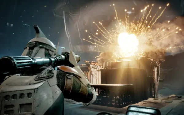 Video game HD PC desktop wallpaper from Star Wars: Zero Company — a Star Wars soldier fires a rocket as an explosion engulfs a nearby structure.