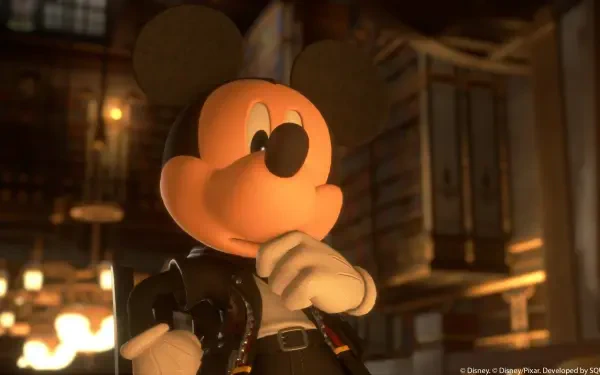 Mickey Mouse as he appears in Kingdom Hearts IV — cinematic 4K Ultra HD PC desktop wallpaper, brooding in a dim, steampunk-lit library setting.
