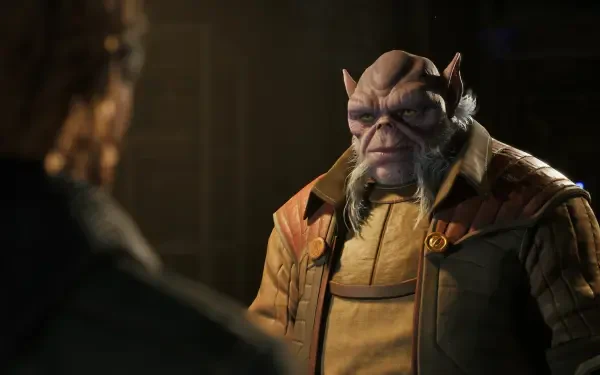 HD PC desktop wallpaper of Neesh Renark, an alien from the Star Wars: Zero Company video game — a stern, wrinkled humanoid in a leather jacket facing another figure in a dim sci‑fi setting.