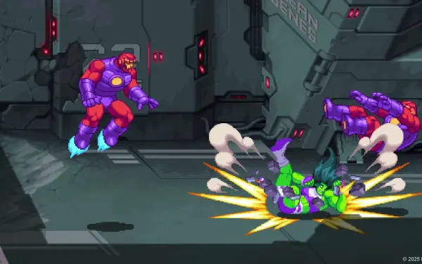 HD PC wallpaper: MARVEL Cosmic Invasion pixel-art fighting game — She-Hulk spin-kicking two purple armored foes across a gritty sci-fi arena.