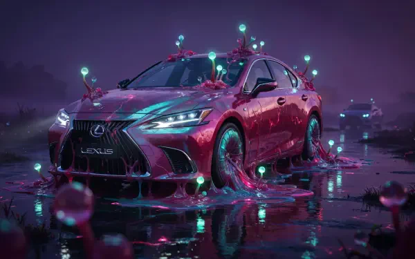 4K Ultra HD PC desktop wallpaper of a Lexus luxury car sedan in a neon-lit, futuristic puddle with glowing bioluminescent accents.