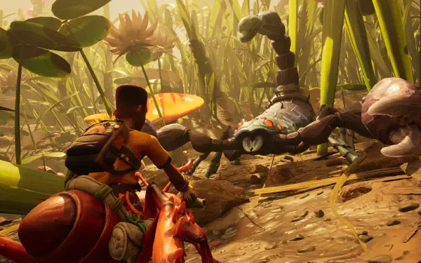 Grounded 2 video game 4K Ultra HD PC desktop wallpaper: an armored tiny survivor confronts a giant spider amid towering grass and sunlit backyard debris.