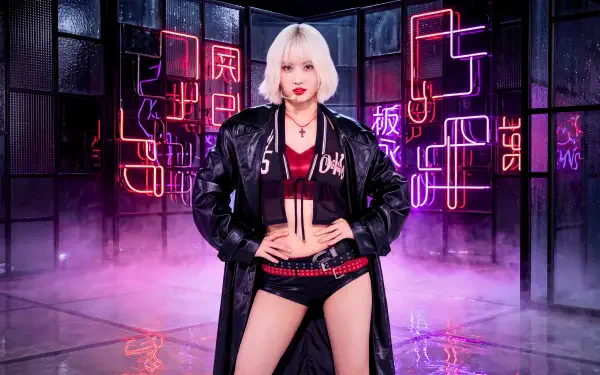 5K Ultra HD desktop wallpaper of a blonde woman in k-pop style: long black coat, red crop top and shorts, posing amid neon pink-purple lights.