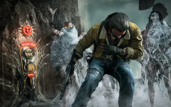 HD PC desktop wallpaper for the video game Call of Duty: Black Ops 7: a soldier, an armed man in tactical gear advancing through icy, ghostly ruins beside an eerie totem.