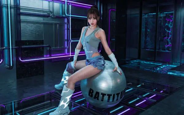 5K Ultra HD wallpaper: Japanese k-pop idol–style model in denim sits on a metallic ball in a neon industrial set. Image tagged TWICE / MiSaMo / Momo (Singer); identity not confirmed.