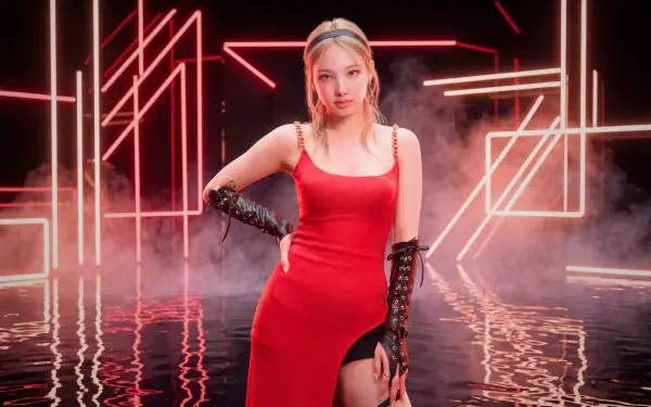 K-pop idol singer and Korean model in a red gown with long gloves, posing amid neon geometric lights reflected on water — 5K Ultra HD PC desktop wallpaper.
