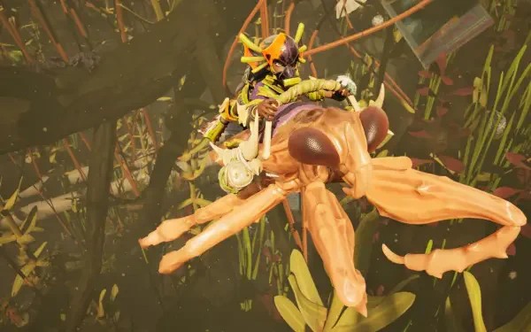 Grounded 2 video game HD PC desktop wallpaper: tiny survivor riding a giant bee-like insect over flowers in a sunlit backyard wilderness.