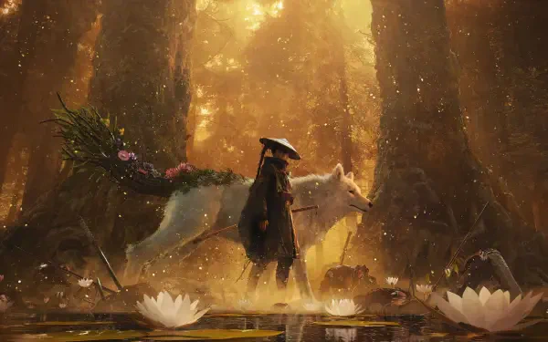 2K Quad HD PC desktop wallpaper: cloaked rider beside a glowing white Beast of Reincarnation horse in a golden, lotus-strewn forest, atmospheric video game background.