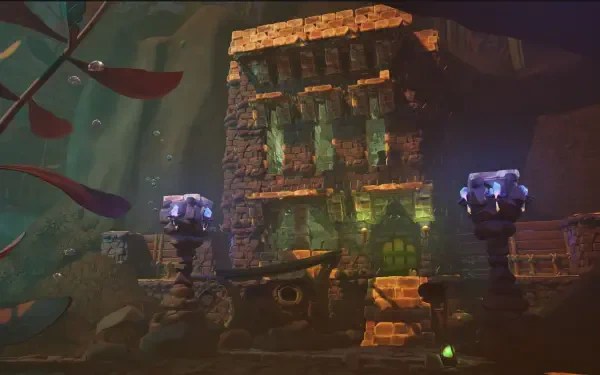 HD PC desktop wallpaper and background for the video game Grounded 2: ancient ruined temple—overgrown stone steps, glowing torches and mossy architecture in a shadowy, atmospheric ruin.