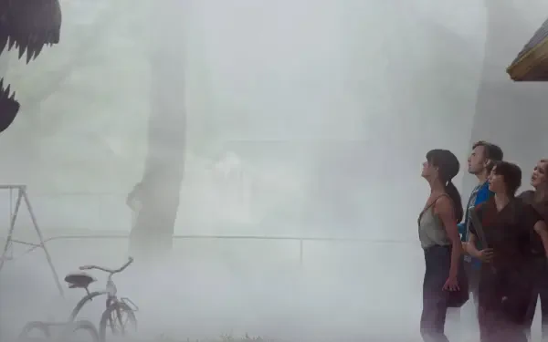 The End of Oak Street — 4K Ultra HD PC Desktop Wallpaper and Background: a group peers into a fog-filled, surreal street with a looming tree silhouette and a twisted plant in the foreground.