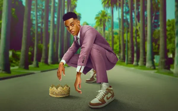 Bel-Air 4K Ultra HD PC desktop wallpaper: man in purple suit crouching on a palm-lined boulevard, crown on the pavement beneath a vivid teal sky.