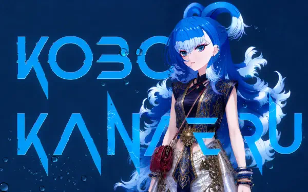 4K Ultra HD anime desktop wallpaper of hololive Virtual YouTuber Kobo Kanaeru — blue-haired girl in ornate outfit with bold KOBO KANAERU logo.