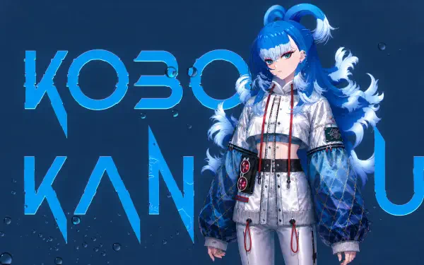 4K Ultra HD PC desktop wallpaper of hololive VTuber Kobo Kanaeru — blue-haired anime girl in white-blue futuristic outfit with stylized KOBO KANAERU text on dark blue background.