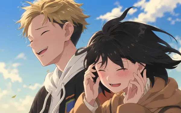 5K Ultra HD desktop wallpaper of Natsumi Nishi and Kentarou Yamada from Seihantai na Kimi to Boku, laughing together under a bright blue sky.