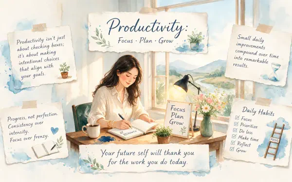 4K Ultra HD PC desktop wallpaper: sunlit workspace — person at a desk with a planner, coffee, sticky notes and motivational productivity prompts.