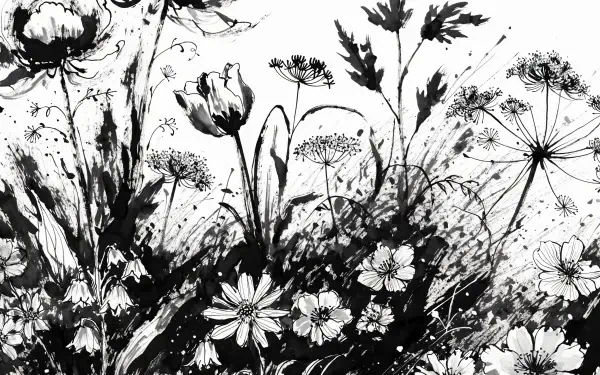 Monochrome ink illustration of a blooming meadow of wildflowers and plant seed heads, floral details in black and white — 4K Ultra HD PC desktop wallpaper