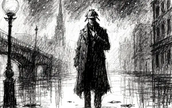 4K Ultra HD PC wallpaper: moody black-and-white sketch of Sherlock Holmes — a silhouetted man in deerstalker and cloak on a rain‑slick street beneath gas lamps.