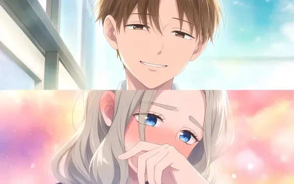 Split portrait of Shuuji Taira (smiling in sunlight) and Shino Azuma (blushing, hand to mouth) from Seihantai na Kimi to Boku, 5K Ultra HD PC desktop wallpaper.