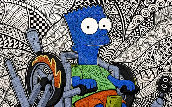 4K Ultra HD PC desktop wallpaper: Barf Simmons (meme) — blue patterned cartoon in a wheelchair set before an intricate black-and-white zentangle background.