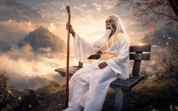 La Peace (meme): robed white‑bearded sage with a staff sits on a bench overlooking misty mountains at golden dusk — 4K Ultra HD PC desktop wallpaper and background.