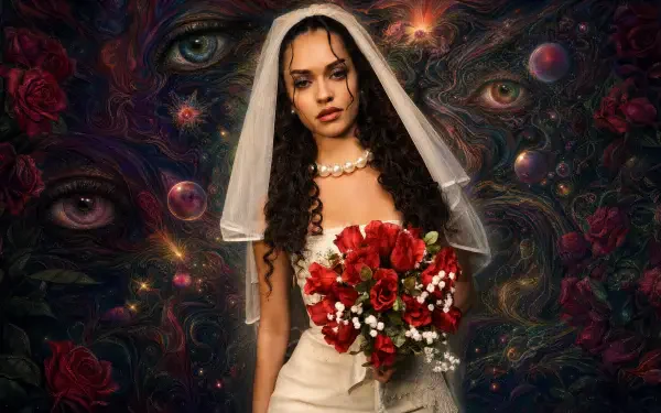 Katseye 4K Ultra HD PC desktop wallpaper: a veiled bride in a white gown holding a red bouquet against a surreal dark backdrop of watchful eyes and roses.