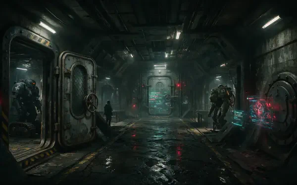 4K Ultra HD sci‑fi spaceship corridor: dim, wet metal passage with armored figures, glowing consoles and a distant engine core — PC desktop wallpaper background.