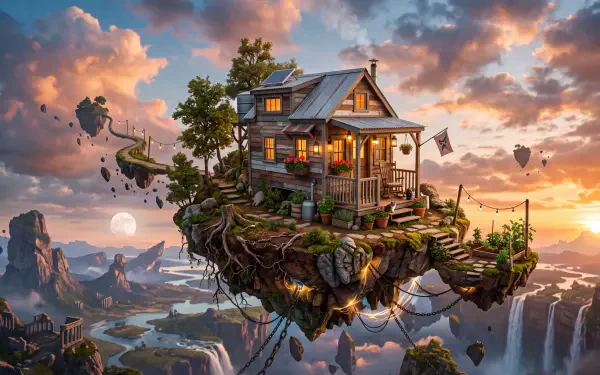5K Ultra HD PC desktop wallpaper of a tiny house cottage on a lush floating island — a cozy house with glowing porch lights suspended above misty valleys at sunset.