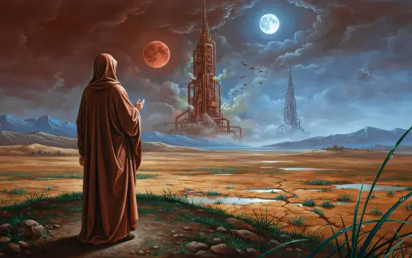 4K Ultra HD desktop wallpaper: Hooded figure surveys a terraformed alien landscape with twin moons and a looming tower on the horizon.