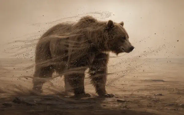 4K Ultra HD PC desktop wallpaper of a brown bear walking through swirling dust across a moody, textured background.