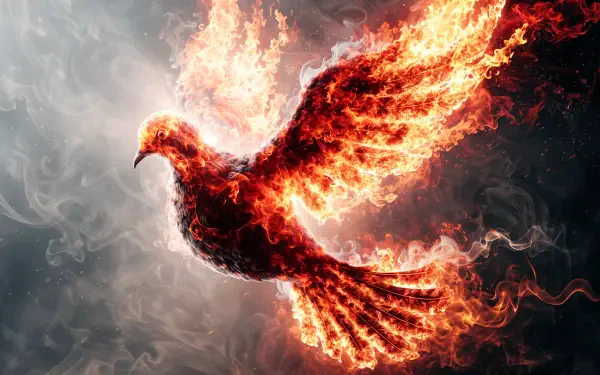Fiery phoenix-dove bird ablaze in swirling flames and smoke, dramatic 4K Ultra HD PC desktop wallpaper background.