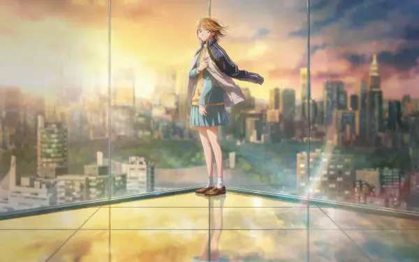 Blue Box anime wallpaper: a schoolgirl stands on a glass rooftop gazing over a sunlit cityscape at dusk — HD PC desktop background.