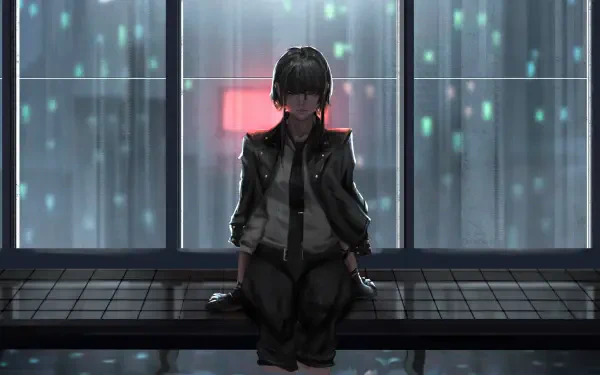 4K Ultra HD PC desktop wallpaper/background: anime girl seated at a window, rain streaking down against neon city lights.