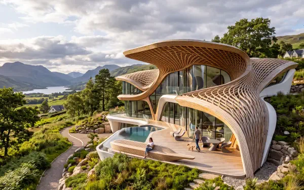 5K Ultra HD PC desktop wallpaper of a lakeside villa-style house, showcasing flowing wooden architecture, curved terraces, infinity pool and sweeping mountain views.