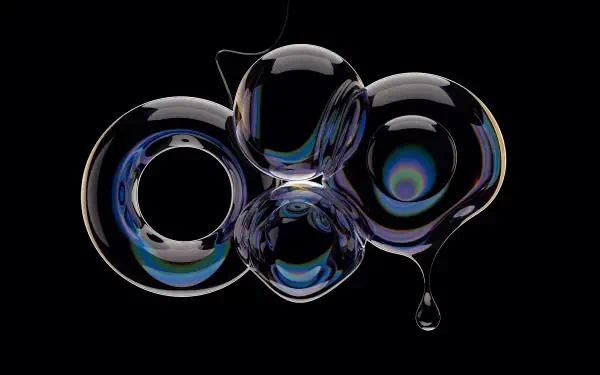Abstract glass-morphism soap-bubble cluster with iridescent highlights and a suspended droplet on a black field — 4K Ultra HD PC desktop wallpaper/background.