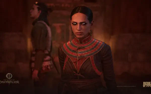 4K Ultra HD PC desktop wallpaper and background featuring a woman from the video game The Blood of Dawnwalker, in tribal armor with a stern gaze under red light.