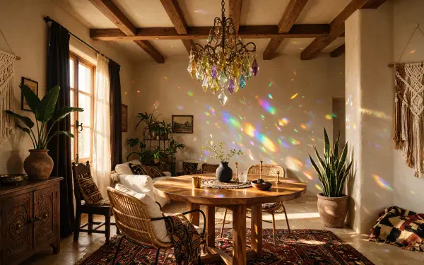 Boho dining room with exposed beams, crystal chandelier scattering rainbow light over a round wooden table, wicker chairs, plants and macramé wall hangings — 4K Ultra HD PC desktop wallpaper.