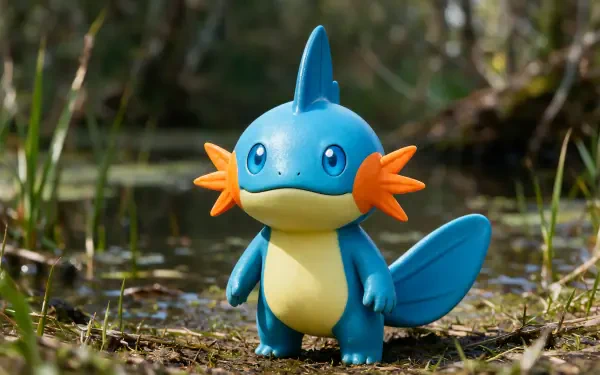 Mudkip (Pokémon) toy standing in shallow marsh water among grass, rendered as a 4K Ultra HD PC desktop wallpaper and background.